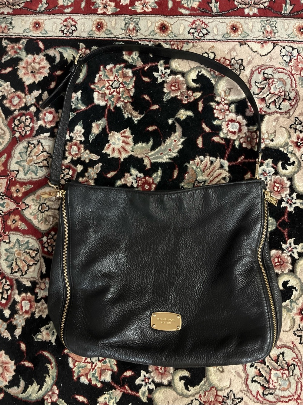 Michael Kors Black Leather Shoulder Bag with Gold Zipper Pull